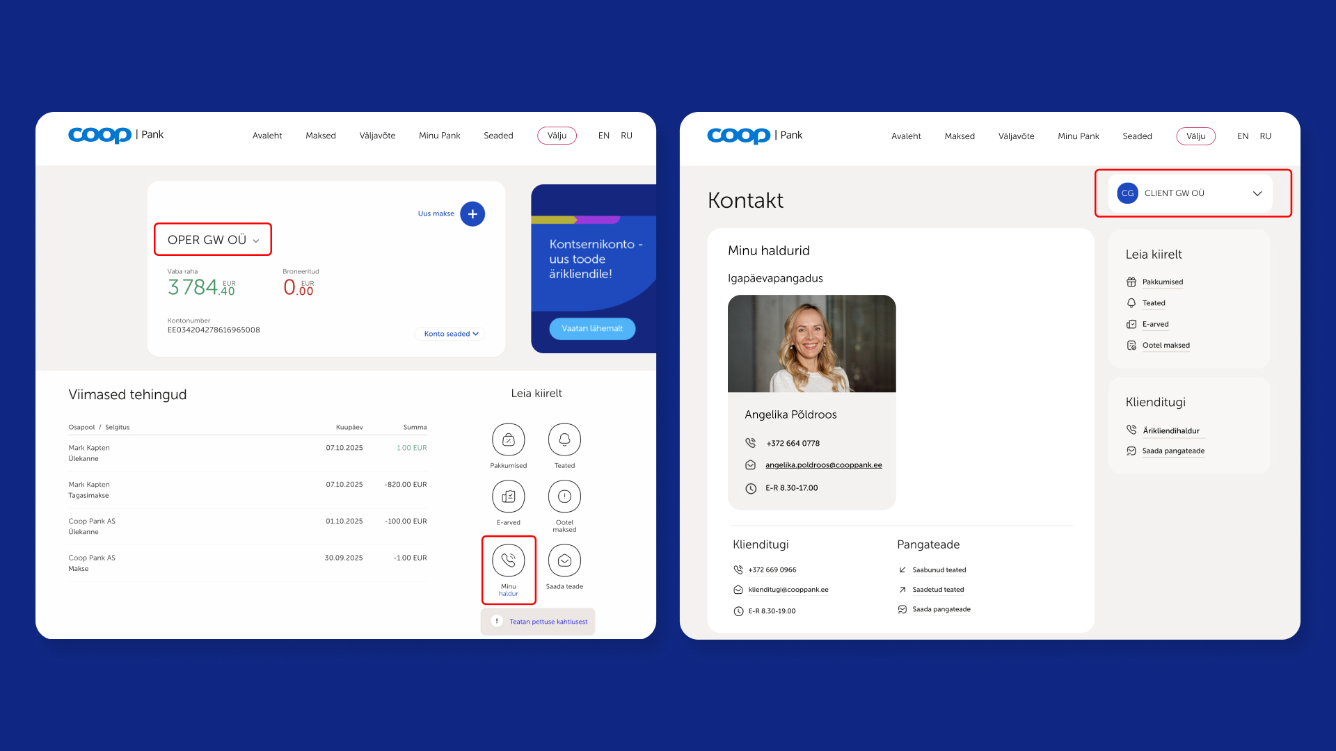 Kuvatõmmis Coop Panga internetipangast, mis näitab, kuidas ettevõtte kontolt leida personaalse halduri info.